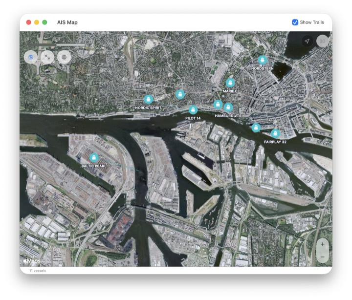 AIS map showing vessels and trails around the receiver