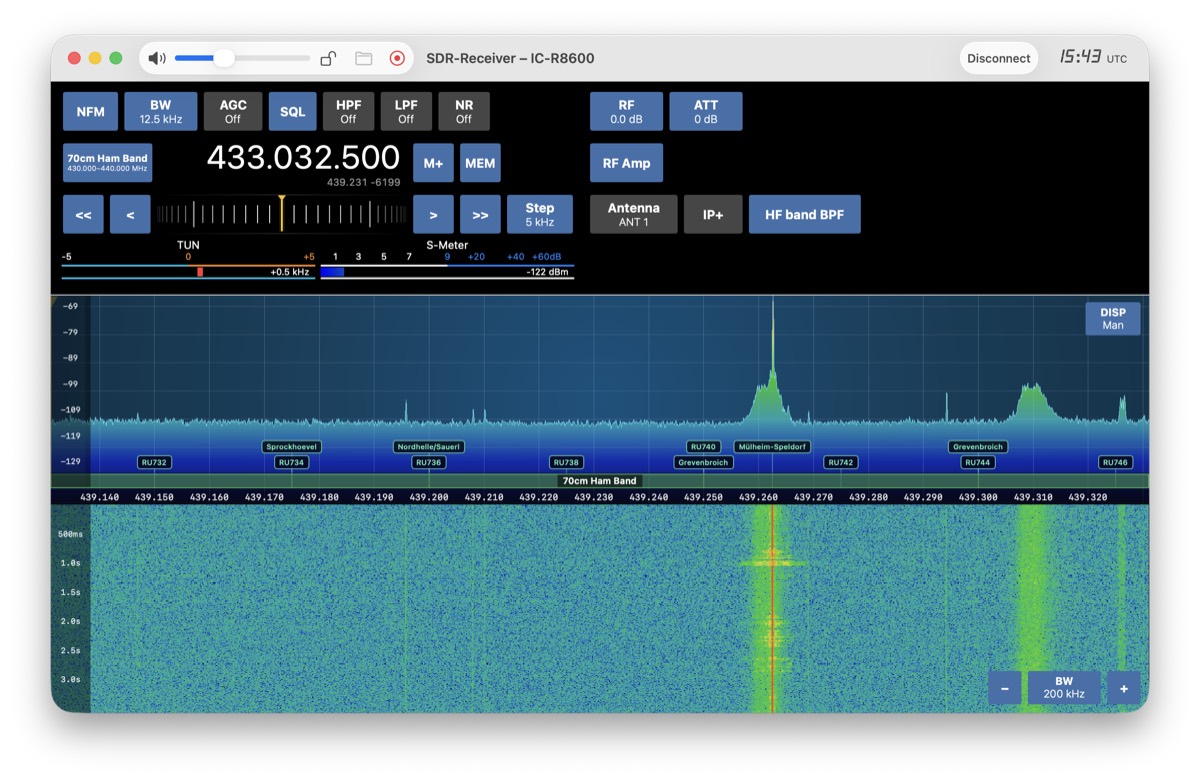 SDR-Receiver main window: RF controls, S-meter, spectrum and waterfall on 70 cm