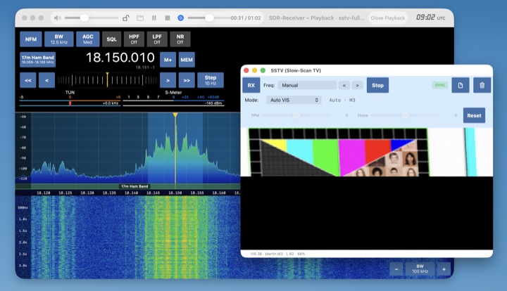 I/Q playback of a recording with the SSTV decoder copying a Martin M3 image