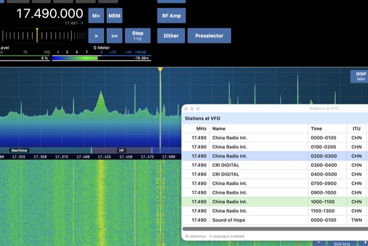 Stations at VFO listing catalogued broadcasts on the tuned frequency